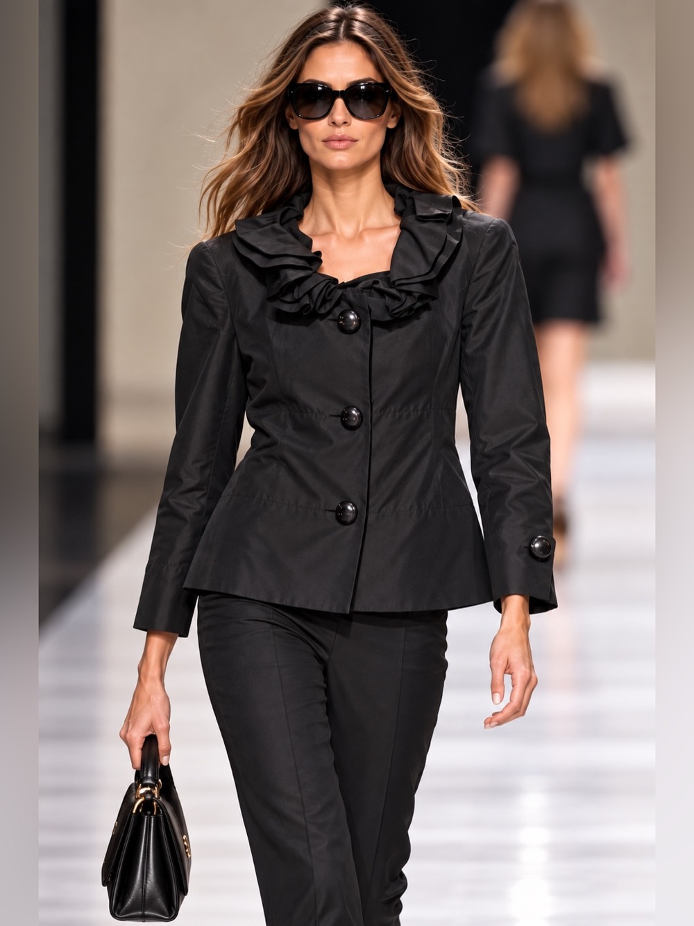 Archival Max Mara 90s Pianoforte Black Silk-Lined Ruffle Evening Blazer 20.5 PTP